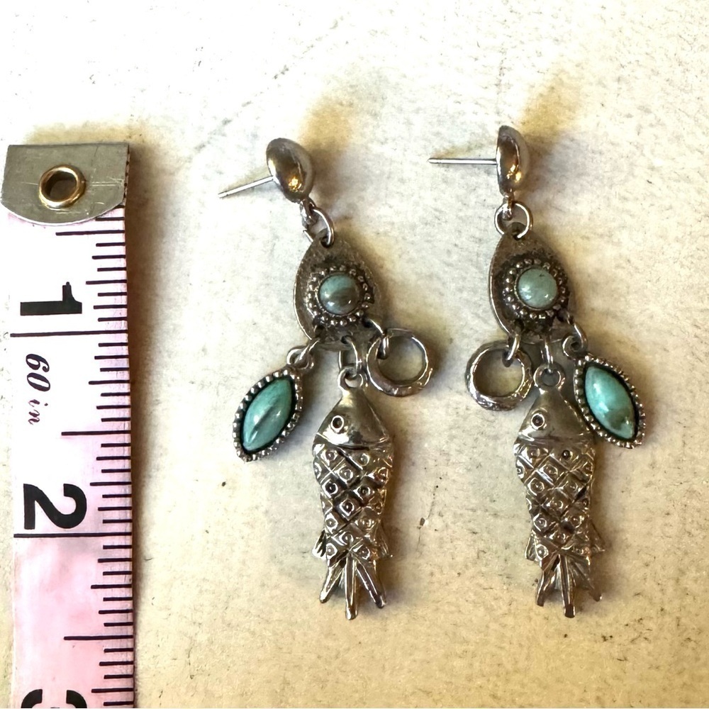 Silver Fish Earrings with Turquoise Color Stones - Picture 2 of 5